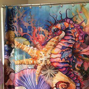 Nautical Seahorse Seashell Shower Curtain & Bath Mats Set New